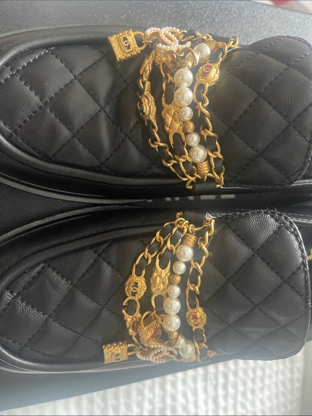 Authentic CHANEL Black Quilted Leather Pearl & Gold Chain Loafers - Picture 3 of 9